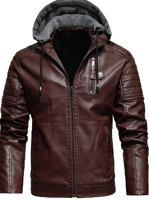 Men's leather jacket with Hoodie and Fleece lining